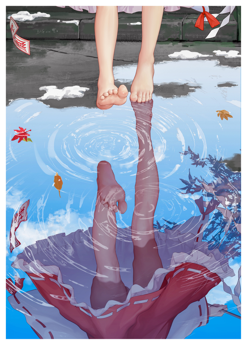 1girl absurdres autumn_leaves barefoot bigxixi blue_sky chinese_commentary cloud commentary_request day detached_sleeves dorsiflexion dress falling_leaves feet foot_focus frilled_dress frills gohei hakurei_reimu head_out_of_frame highres leaf lower_body ofuda puddle red_dress reflection reflective_water sky solo stairs stone_stairs toes touhou tree walking