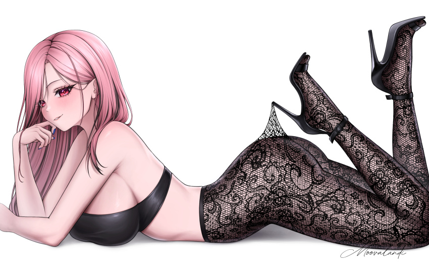 1girl absurdres ass bare_shoulders black_bra black_hair black_pantyhose black_shoes blush bra breasts clothes_pull commentary english_commentary eyelashes fingernails floral_print_pantyhose high_heels highres hololive hololive_english lace_pantyhose_hooked_on_heel_(meme) large_breasts legs_up long_hair looking_at_viewer lying meme moovalandi mori_calliope multicolored_hair nail_polish on_stomach pantyhose pantyhose_pull pink_eyes pink_hair pink_lips pulling_own_clothes purple_nails shoes signature simple_background smile solo streaked_hair thighs two-tone_hair underwear virtual_youtuber white_background