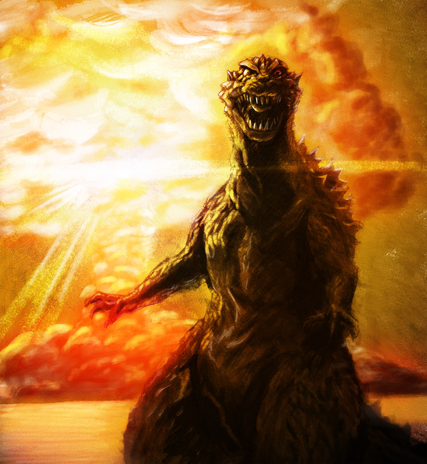 castle_bravo claws dinosaur explosion giant giant_monster godzilla godzilla_(series) godzilla_raids_again kaiju looking_at_viewer monster mushroom_cloud no_humans nuclear_explosion nyoruniru open_mouth operation_castle roaring sea_monster sharp_teeth shrimp_(thermonuclear_bomb) spikes symbolism teeth thermonuclear_bomb thermonuclear_weapon toho tongue weapon_of_mass_destruction