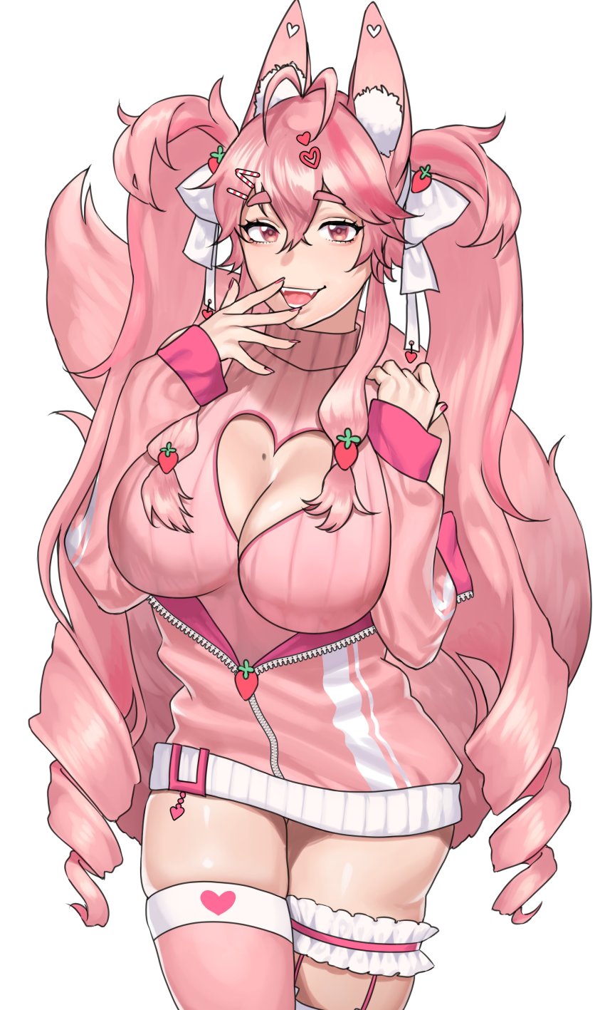 1girl absurdres animal_ears antenna_hair asymmetrical_legwear breasts cleavage cleavage_cutout clothing_cutout commentary commission crossed_bangs drill_hair english_commentary fangs fingernails food-themed_hair_ornament fox_ears fox_tail frilled_thigh_strap hair_ornament hand_to_own_mouth hanny_(uirusu_chan) heart_cutout highres indie_virtual_youtuber jacket kireina_(osiimi) large_breasts laughing long_hair mismatched_legwear mole mole_on_breast nail_polish no_pants ojou-sama_pose open_clothes open_jacket partially_unzipped pink_eyes pink_hair pink_jacket pink_nails pink_sweater pink_theme ribbed_sweater single_thighhigh smug solo strawberry_hair_ornament sweater tail thick_eyebrows thigh_strap thighhighs track_jacket turtleneck turtleneck_sweater twin_drills twintails very_long_hair virtual_youtuber