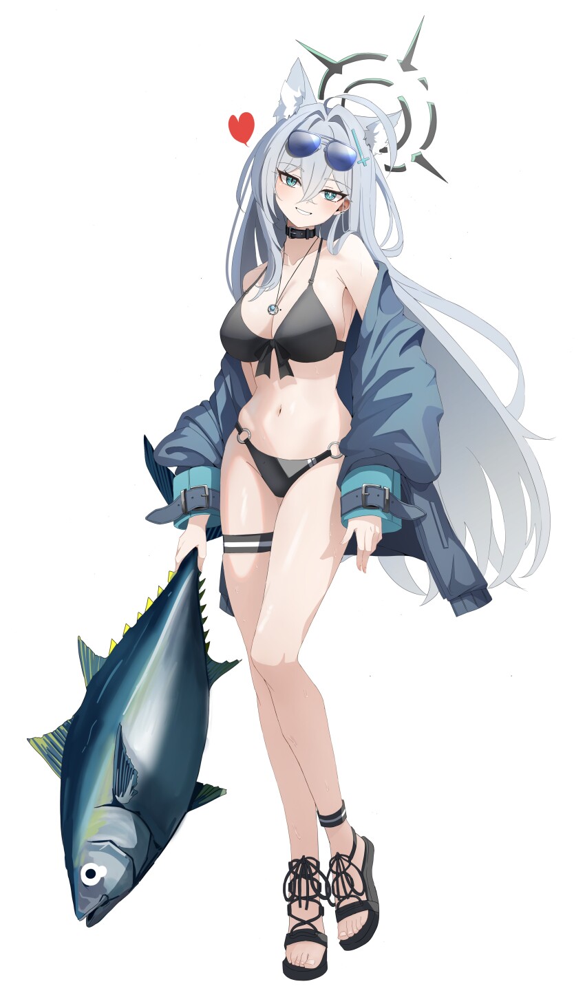 1girl absurdres animal_ear_fluff animal_ears black_choker black_halo blue_archive broken_halo choker cross cross_hair_ornament dark_halo extra_ears grey_hair hair_ornament halo highres inverted_cross mismatched_pupils sandals shiroko_(blue_archive) shiroko_terror_(blue_archive) wolf_ears wolf_girl zi0807