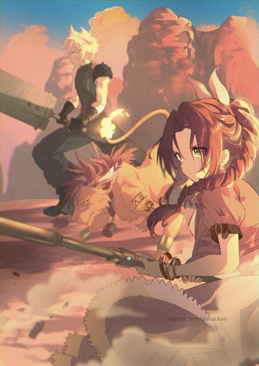 1girl 2boys aerith_gainsborough animal armor baggy_pants blonde_hair bracelet braid braided_ponytail brown_hair buster_sword cloud_strife cosmo_canyon cropped_jacket desert dress dust_cloud fighting_stance final_fantasy final_fantasy_vii final_fantasy_vii_remake flame-tipped_tail goku-chan green_eyes hair_ribbon highres holding holding_staff holding_sword holding_weapon jacket jewelry long_dress materia multiple_boys orange_fur outdoors pants parted_bangs pink_dress red_jacket red_xiii ribbon short_hair short_sleeves shoulder_armor sleeveless sleeveless_turtleneck spiked_hair staff suspenders sword tattoo turtleneck weapon