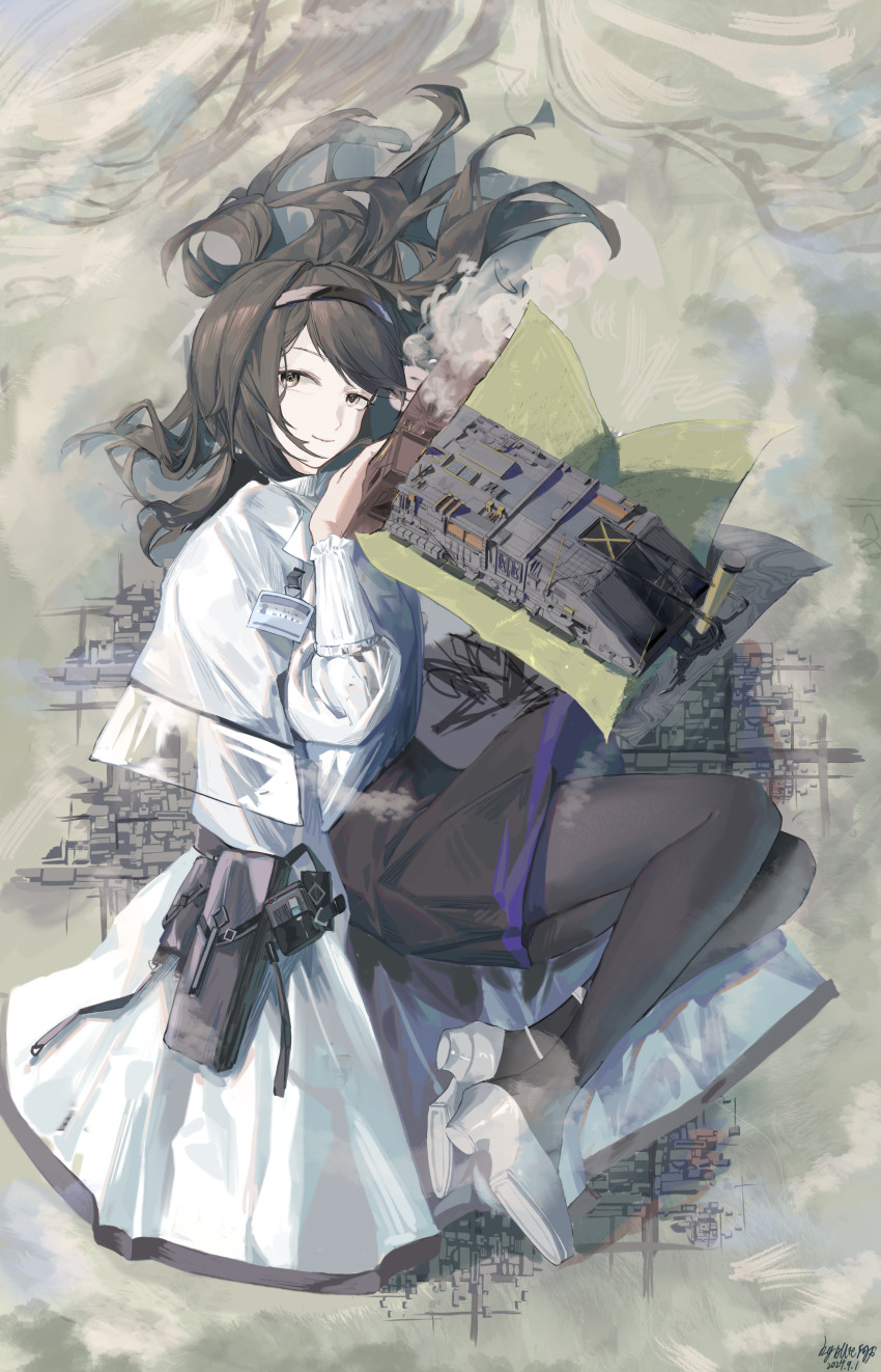 1girl absurdres allieali arknights black_hair black_hairband black_pantyhose black_skirt chinese_commentary closed_mouth coat commentary_request floating_hair full_body grey_shoes hairband highres lab_coat long_hair long_sleeves looking_at_viewer pantyhose priestess_(arknights) shoe_soles shoes skirt smile solo turtleneck white_coat yellow_eyes