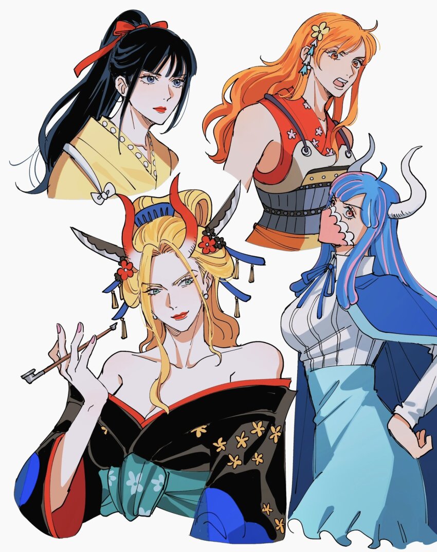 1boy 3girls ahoge black_hair black_kimono black_maria_(one_piece) blonde_hair blue_cape blue_eyes blue_hair blue_skirt cape commentary hair_ornament hair_ribbon half_updo hand_on_own_hip high-waist_skirt highres holding holding_smoking_pipe horns japanese_clothes kanzashi kikunojo_(one_piece) kimono long_hair long_sleeves looking_at_viewer looking_to_the_side mask medium_hair mouth_mask multiple_girls nami_(one_piece) nami_(one_piece)_(wano) obi one_piece orange_eyes orange_hair pink_eyes ponytail red_horns red_kimono red_lips red_ribbon ribbon sash seirorath shirt sidelocks simple_background skirt sleeveless sleeveless_kimono smoking_pipe symbol-only_commentary ulti_(one_piece) white_background white_horns white_shirt yellow_kimono