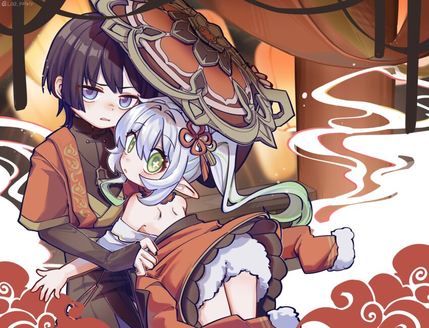 1boy 1girl adapted_costume against_railing alternate_costume backless_dress backless_outfit bare_shoulders black_bridal_gauntlets black_hair black_undershirt blunt_ends blush bridal_gauntlets chinese_clothes chinese_knot clothes_down cross-shaped_pupils curtains detached_collar dress eyelashes eyeliner eyeshadow fur-trimmed_sleeves fur_shorts fur_trim furrowed_brow genshin_impact gold green_eyes green_hair grey_kimono grey_trim hair_ornament han&#039;eri hat highres improvised_umbrella japanese_clothes jingasa kimono layered_kimono leaning_on_person light_frown long_hair loo_potato looking_at_viewer looking_back makeup mandarin_collar multicolored_hair nahida_(genshin_impact) off_shoulder open_clothes open_kimono open_mouth pillar pointy_ears purple_eyes railing red_dress red_eyeliner red_eyeshadow red_hat red_kimono red_sleeves scaramouche_(genshin_impact) shared_hat shared_improvised_umbrella shirt short_sleeves shorts shoulder_blades side_ponytail sidelocks smoke streaked_hair symbol-shaped_pupils tareme tassel tassel_hair_ornament twitter_username white_hair white_shirt white_shorts white_sleeves