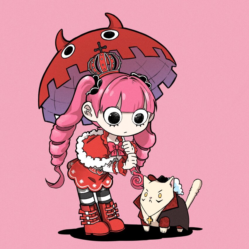 1boy 1girl animalization black_eyes black_hat black_shirt blunt_bangs boots capelet cat closed_mouth commentary cross cross_necklace crown deformed dracule_mihawk drill_hair full_body fur-trimmed_capelet fur_trim hat highres holding holding_umbrella imlazy818 jewelry long_hair long_sleeves looking_at_another mini_crown necklace one_piece open_clothes open_shirt perona pink_background pink_hair red_boots red_capelet red_skirt shirt skirt standing striped_clothes striped_thighhighs symbol-only_commentary thighhighs twin_drills umbrella white_shirt yellow_eyes