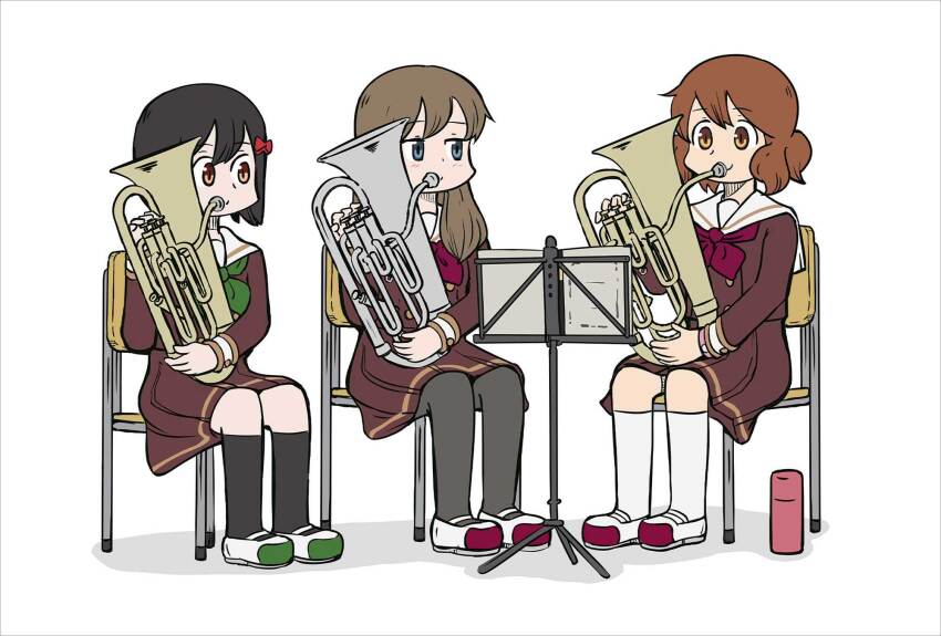 3girls alone_comic arawi_keiichi_(style) black_hair black_socks blue_eyes bow brown_eyes brown_hair brown_pantyhose brown_serafuku chair company_connection euphonium fluffy_hair hair_bow hibike!_euphonium highres hisaishi_kanade instrument kitauji_high_school_uniform kneehighs kuroe_mayu kyoto_animation long_hair medium_hair multiple_girls music music_stand on_chair oumae_kumiko pantyhose playing_instrument school_uniform serafuku sheet_music shoes sitting smile socks uwabaki watch white_background white_socks winter_uniform