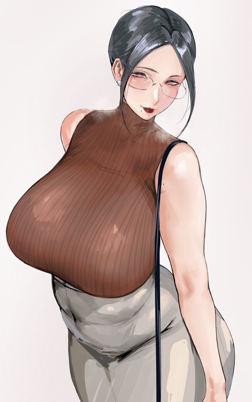 1girl bag bare_shoulders black_hair blush breasts earrings glasses handbag highres huge_breasts jewelry looking_at_viewer lulu95402099 mature_female original simple_background skirt sleeveless solo suspenders sweater turtleneck