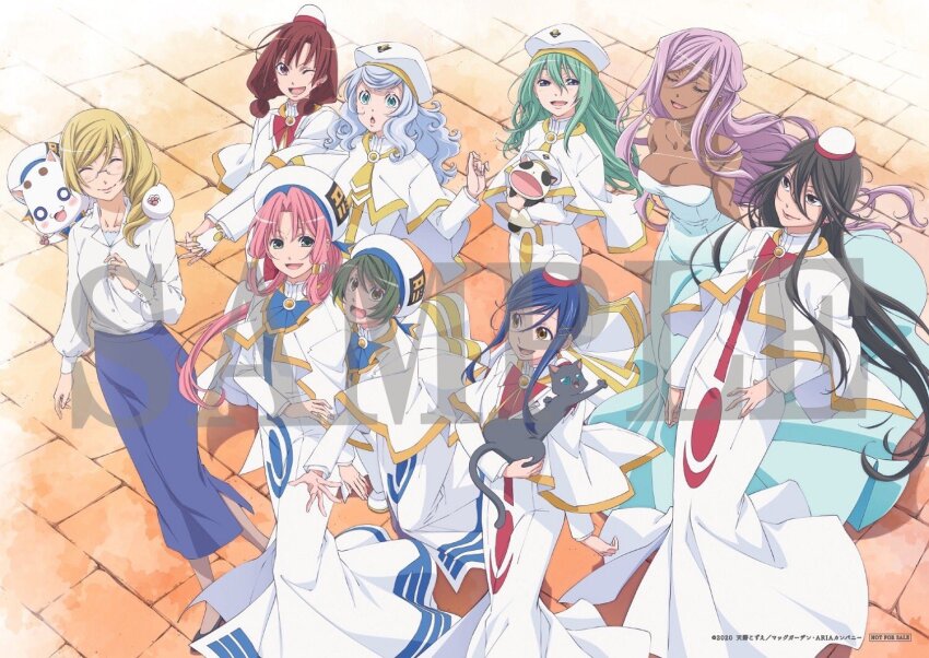 2020 6+girls aika_granzchesta aino_ai akira_ferrari alice_carroll alicia_florence animal anya_dostoyevskaya aqua_eyes aria_(manga) aria_company_uniform aria_pokoteng athena_glory azusa_mclaren beret blonde_hair blue_bow blue_bowtie blue_dress bow bowtie breasts brown_eyes brown_hair capelet closed_eyes collarbone collared_shirt copyright_name copyright_notice dress feet_out_of_frame full_body glasses gloves gold_trim green_hair hair_between_eyes hand_up hat hime_granzchesta himeya_company_uniform holding holding_animal holding_hands itou_youko large_breasts long_hair looking_at_another looking_at_viewer medium_breasts mizunashi_akari multiple_girls neckerchief official_art one_eye_closed open_mouth orange_planet_uniform outdoors pink_hair president_maa print_dress purple_hair red_bow red_bowtie red_hair sample_watermark shirt short_hair short_hair_with_long_locks single_glove small_breasts smile standing watermark white_capelet white_dress white_headwear yellow_neckerchief