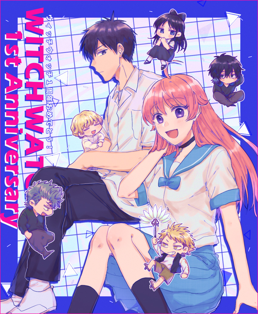 2girls 5boys :d ahoge alternate_form anniversary black_hair black_pants black_socks blonde_hair blue_bow blue_skirt bow chibi closed_eyes copyright_name geta hair_bow highres invisible_chair kazamatsuri_kanshi magami_keigo miyao_nemu multiple_boys multiple_girls open_mouth otogi_morihito pants pink_hair purple_eyes school_uniform serafuku seriyama_(srym_s) shirt shoes sitting skirt smile socks tengu-geta wakatsuki_niko white_footwear white_shirt witch_watch yellow_eyes