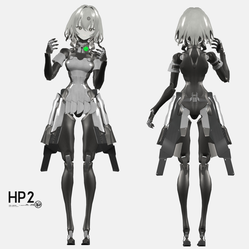 1girl 3d android breasts commentary_request grey_hair hair_between_eyes hand_up hands_up highres lm7_(op-center) looking_at_viewer multicolored_hair multiple_views original robot_girl smile standing