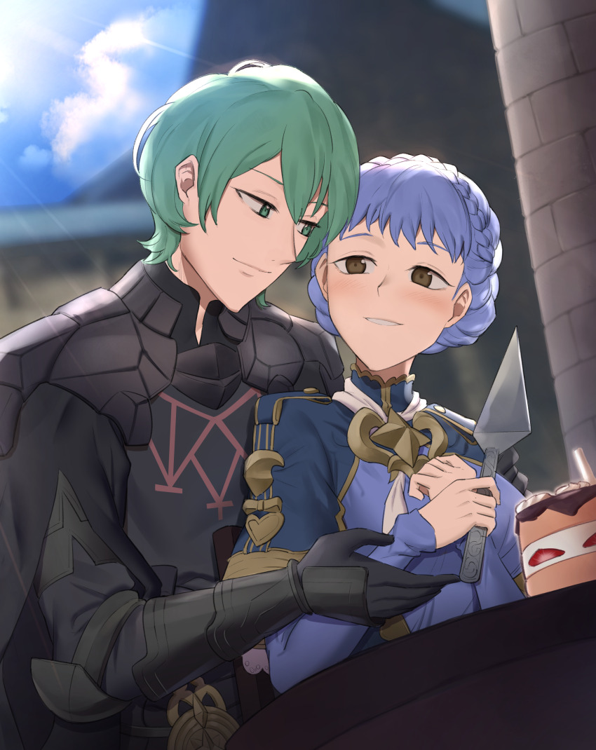 1boy 1girl absurdres alternate_costume armor black_armor black_gloves blue_capelet blue_dress blue_hair blue_sky blush braid brown_eyes male_byleth_(enlightened)_(fire_emblem) male_byleth_(fire_emblem) cake capelet closed_mouth cloud commentary crown_braid dress ebinku english_commentary fire_emblem fire_emblem:_three_houses food gauntlets gloves green_eyes green_hair grin highres looking_at_another marianne_von_edmund marianne_von_edmund_(timeskip) nintendo short_hair sky smile sunlight