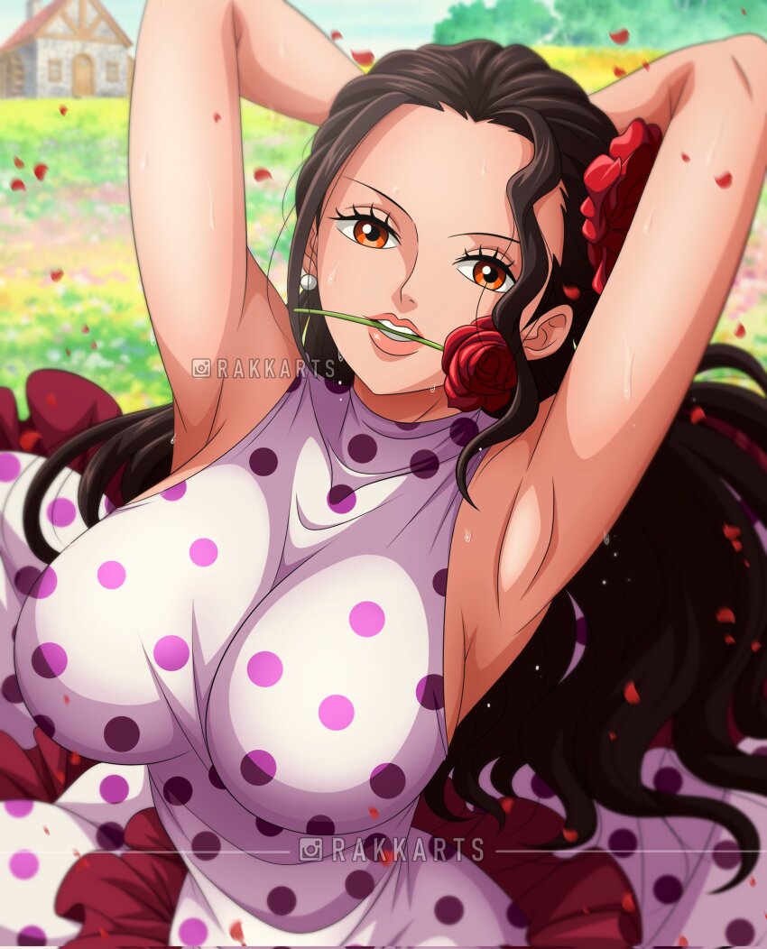 1girl armpits arms_up artist_name breasts brown_eyes brown_hair commentary dress earrings english_commentary flamenco flamenco_dress flower flower_in_mouth hair_flower hair_ornament highres instagram_logo instagram_username jewelry large_breasts lips long_hair looking_at_viewer mouth_hold one_piece open_mouth outdoors petals polka_dot polka_dot_dress rakara11_(rakkarts) rose solo sweat teeth viola_(one_piece)