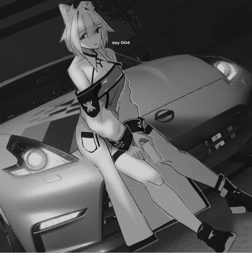 1girl animal_ear_fluff animal_ears arknights bare_shoulders car cat_ears cup dress full_body greyscale highres holding holding_cup kal&#039;tsit_(arknights) long_sleeves looking_at_viewer monochrome motor_vehicle nissan nissan_370z nissan_fairlady_z nuggetkouhai off-shoulder_dress off_shoulder on_car parted_lips short_hair sitting_on_car solo star_of_life