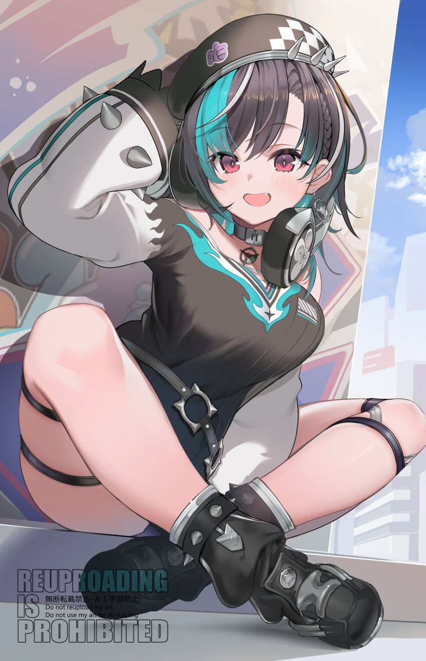 1girl absurdres ankle_boots aqua_streaks asymmetrical_bangs belt beret black_choker black_hair blush boots braid braided_bangs breasts choker crossed_legs denim denim_shorts dokkumaa dress earrings fang floating_earring gradient_hair graffiti hand_in_own_hair hat headphones headphones_around_neck highres hololive hololive_dev_is jewelry knee_strap long_sleeves looking_at_viewer medium_hair multicolored_hair o-ring o-ring_belt o-ring_thigh_strap off_shoulder open_mouth red_eyes rindo_chihaya shorts sitting solo spiked_boots spiked_dress spiked_hat spiked_sleeves strapless strapless_dress streaked_hair thick_thighs thigh_strap thighs virtual_youtuber watermark white_streaks wrench