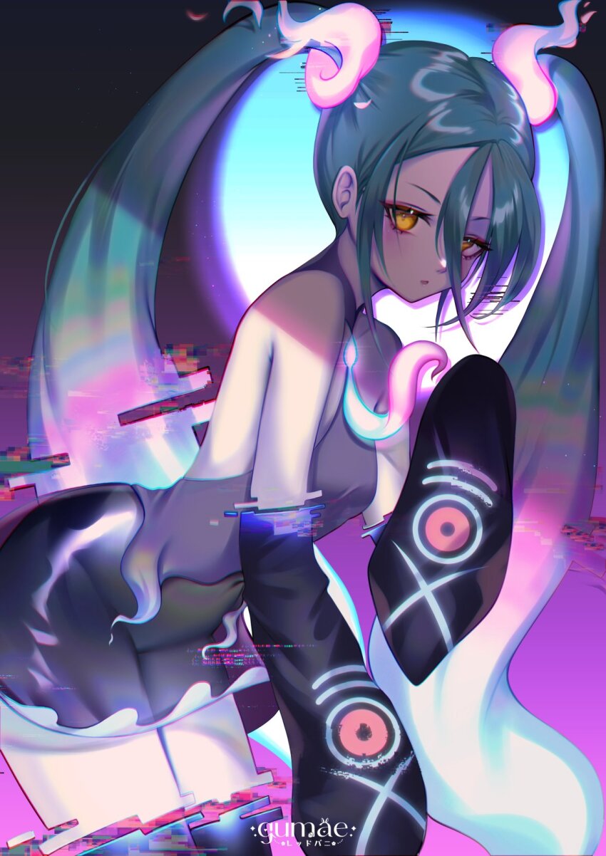1girl aqua_hair black_thighhighs detached_sleeves ghost ghost_miku_(project_voltage) glitch grey_shirt gumae hair_between_eyes hatsune_miku highres long_hair nintendo parted_lips pokemon project_voltage see-through_clothes see-through_skirt shirt skirt sleeves_past_fingers sleeves_past_wrists thighhighs twintails very_long_hair vocaloid will-o&#039;-the-wisp_(mythology) yellow_eyes