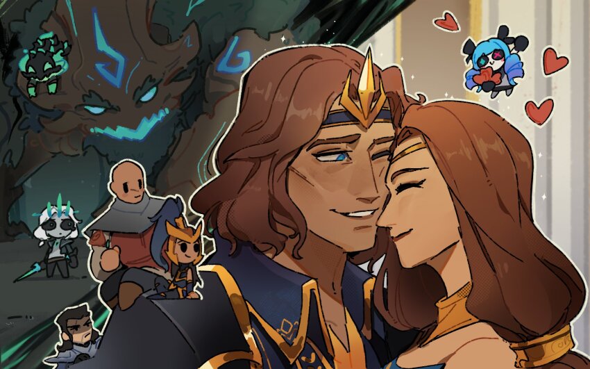 1boy 1girl armor bald beard black_hair black_jacket blue_eyes blush brown_hair character_request chibi chibi_inset collared_shirt facial_hair gambler_carrd gwen_(league_of_legends) happy heart highres holding holding_sword holding_weapon isolde_(league_of_legends) jacket kalista king_viego league_of_legends ledros_(league_of_legends) maokai multiple_views one_eye_closed scar scar_across_eye scar_on_face shirt sitting smile standing sword teeth thresh_(league_of_legends) tree viego_(league_of_legends) weapon