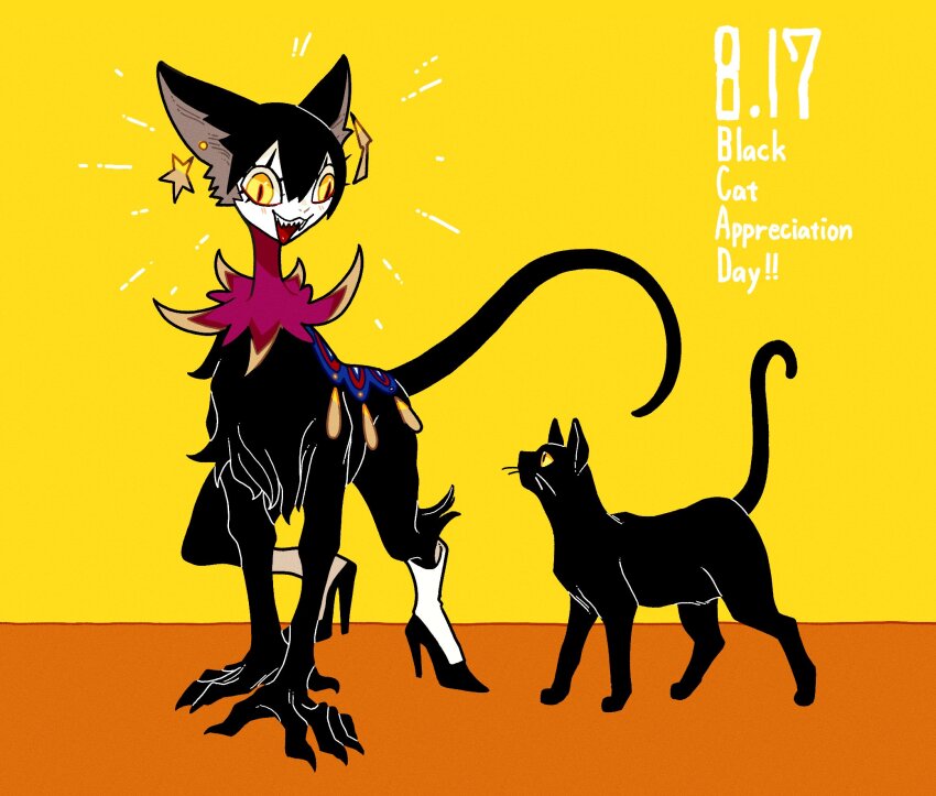 1girl animal black_cat cat ear_piercing english_text full_body high_heels highres human_head momomo_906 open_mouth original piercing short_hair slit_pupils solo white_hair yellow_background yellow_eyes