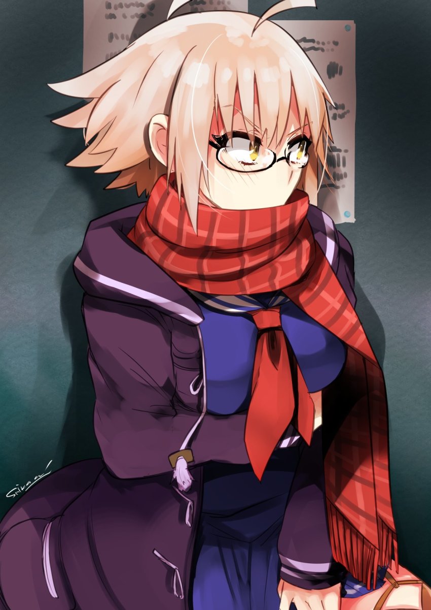 ahoge artoria_pendragon_(fate) black-framed_eyewear blue_shirt blue_skirt blush breasts coat cosplay duffel_coat fate/grand_order fate_(series) garter_straps highres indoors jeanne_d&#039;arc_(fate) jeanne_d&#039;arc_alter_(avenger)_(fate) jeanne_d&#039;arc_alter_(fate) large_breasts long_sleeves mysterious_heroine_x_alter_(fate) mysterious_heroine_x_alter_(fate)_(cosplay) mysterious_heroine_x_alter_(first_ascension)_(fate) open_clothes open_coat plaid_clothes plaid_scarf red_neckwear red_scarf saber_alter scarf school_uniform semi-rimless_eyewear serafuku shirt short_hair silver_hair skirt standing yellow_eyes