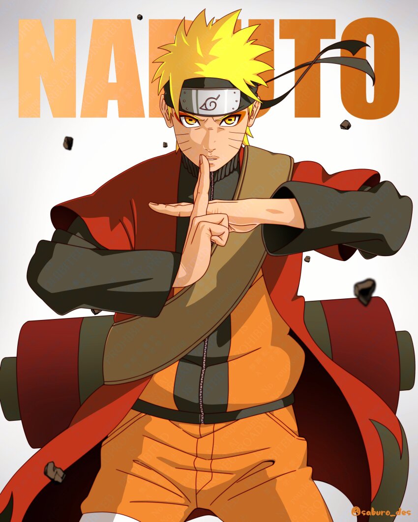 1boy absurdres blonde_hair character_name coat commentary_request facial_mark forehead_protector highres jacket konohagakure_symbol kuji-in long_sleeves looking_at_viewer male_focus naruto_(series) naruto_shippuuden open_clothes open_coat orange_jacket orange_pants pants red_coat saburo_des scroll sennin_mode short_hair solo twitter_username uzumaki_naruto whisker_markings white_background yellow_eyes