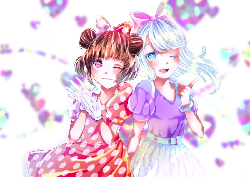 2girls animification bow brown_hair daisy_duck double_bun dress hair_bow hair_bun highres humanization izwa0hoxtyv5veh long_eyelashes looking_at_viewer mickey_mouse_&amp;_friends minnie_mouse_ears multiple_girls open_mouth polka_dot polka_dot_dress puffy_sleeves shirt short_sleeves smile white_hair