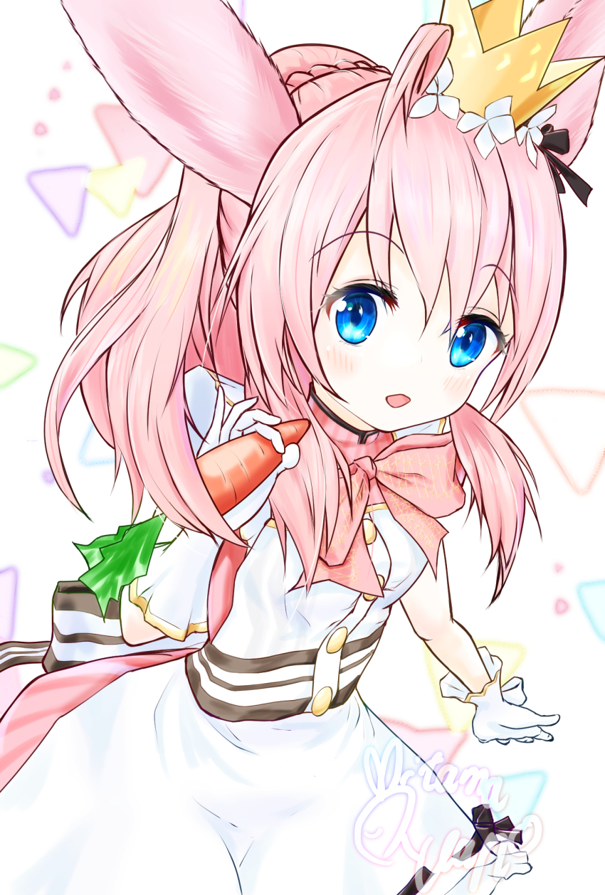 1girl ahoge animal_ears apron black_ribbon blue_eyes carrot crown dress emil_chronicle_online food frills gloves highres holding holding_food looking_at_viewer minnie_doe_alma open_mouth pink_dress pink_hair rabbit_ears rabbit_girl ribbon white_gloves
