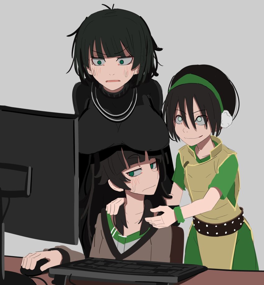 3girls avatar:_the_last_airbender avatar_legends belt black_belt black_dress black_hair blush breast_rest breasts breasts_on_head brown_dress collarbone color_connection computer_keyboard dress fubuki_(one-punch_man) green_eyes green_theme grey_background grey_eyes highres hiyajou_maho holding_computer_mouse jewelry kurokimoko large_breasts monitor multiple_girls necklace one-punch_man simple_background small_breasts smile steins;gate steins;gate_0 sweat toph_beifong