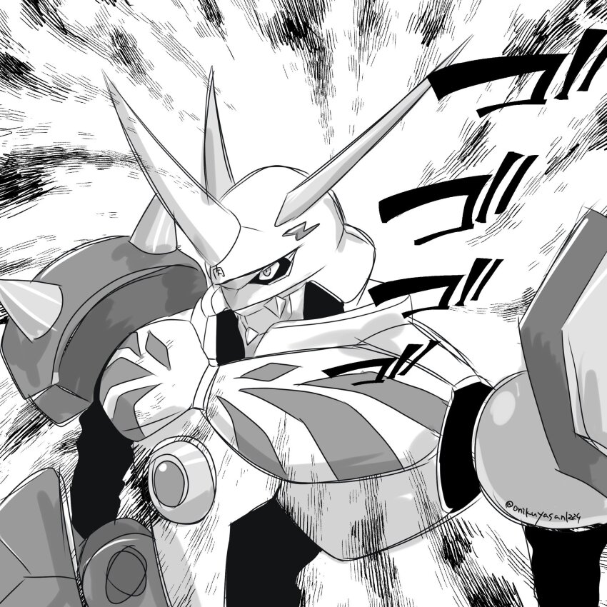 chest_jewel digimon digimon_(creature) greyscale highres horns mecha monochrome omegamon onikuyasan1224 robot shoulder_spikes simple_background sketch solo sound_effects spikes twitter_username upper_body white_background