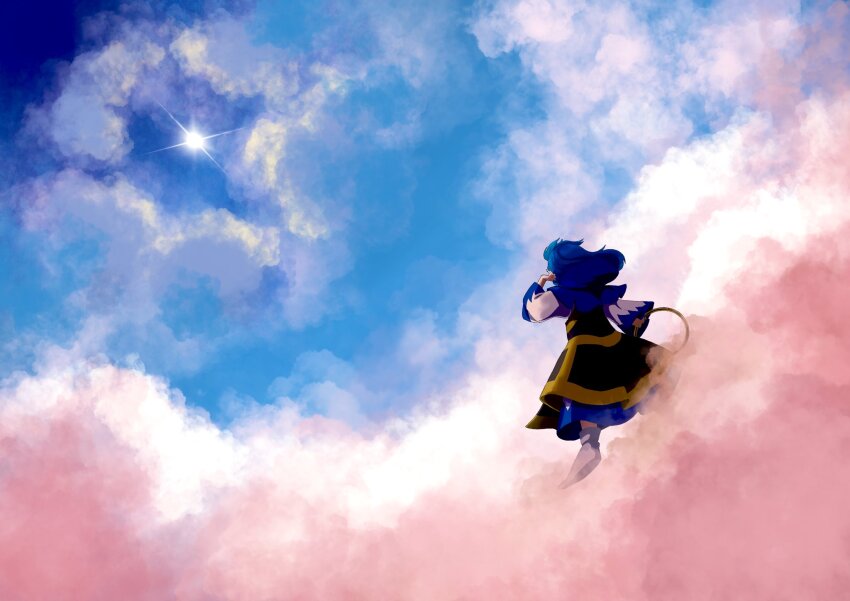 1girl above_clouds black_dress blue_hair blue_hood blue_skirt blue_sky cloud commentary_request dress from_behind full_body glint hand_in_own_hair highres holding holding_jewelry holding_ring hood hood_down hoop jewelry kumoi_ichirin long_hair long_sleeves no_shoes ring shirt skirt sky socks solo sun touhou umebitan white_shirt white_socks