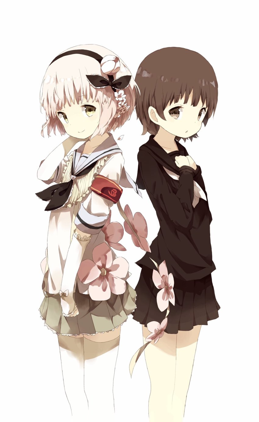 2girls armband black_hairband black_neckerchief black_ribbon black_sailor_collar black_serafuku black_shirt black_skirt blush brown_eyes brown_hair closed_mouth collarbone commentary_request dual_persona elbow_gloves flower gloves grey_skirt hair_flower hair_ornament hair_ribbon hairband hand_on_own_chest hands_up head_tilt highres himekawa_koyuki long_sleeves looking_at_viewer mabuta_(byc0yqf4mabye5z) magical_girl mahou_shoujo_ikusei_keikaku mahou_shoujo_ikusei_keikaku_unmarked multiple_girls neckerchief parted_lips petals pink_flower pink_hair pleated_skirt ribbon sailor_collar school_uniform serafuku shirt short_hair short_sleeves simple_background skirt smile snow_white_(mahoiku) thighhighs white_background white_flower white_gloves white_legwear white_neckerchief white_sailor_collar white_shirt yellow_eyes