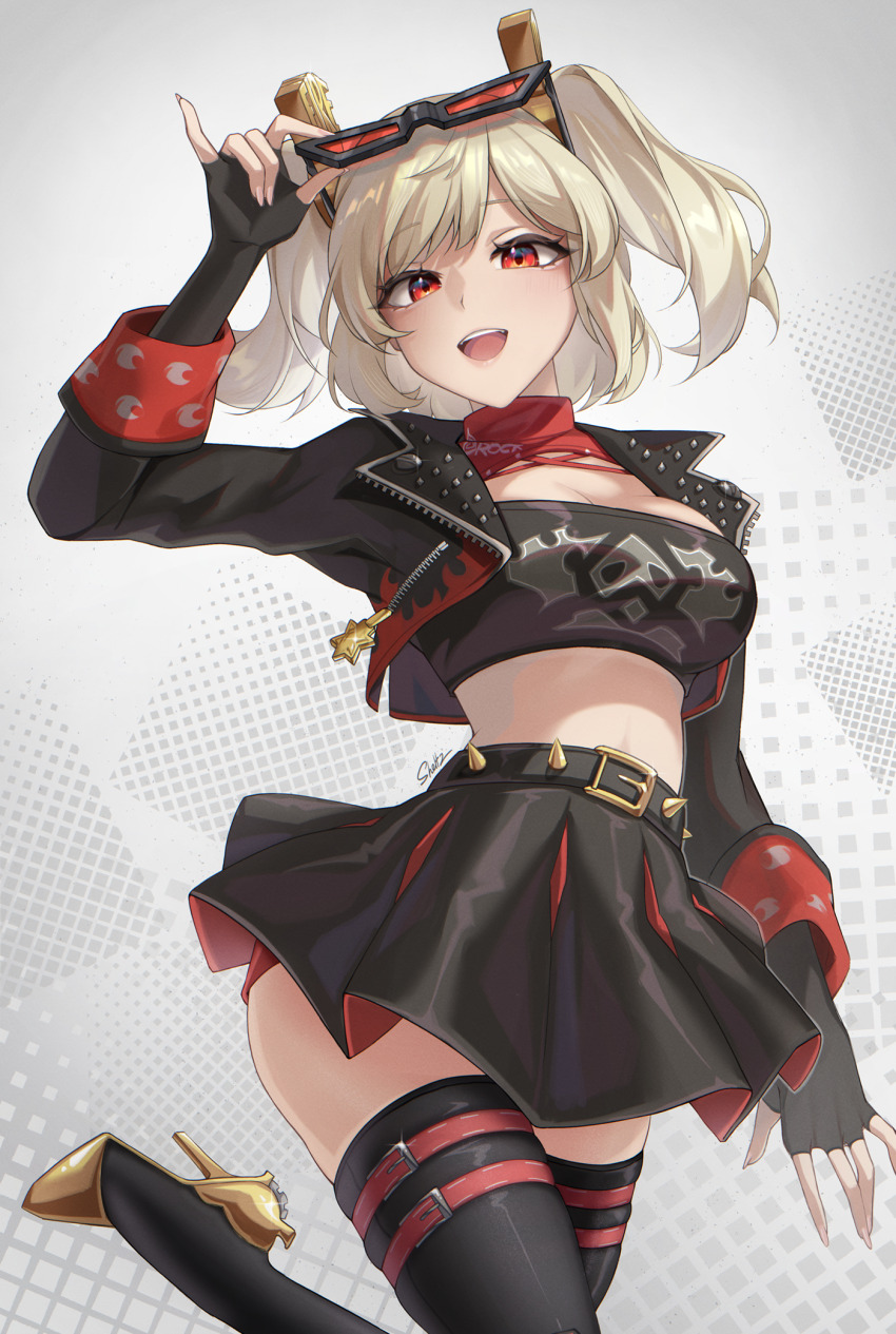 1girl black_jacket black_skirt black_tube_top blonde_hair boots burnice_white crop_top cropped_jacket eyewear_on_head fingerless_gloves gloves high_heel_boots high_heels highres jacket miniskirt open_clothes open_jacket orange-tinted_eyewear red-tinted_eyewear red_eyes sheltz skirt smile solo spiked_belt spiked_jacket strapless sunglasses thigh_boots tinted_eyewear tube_top twintails zenless_zone_zero