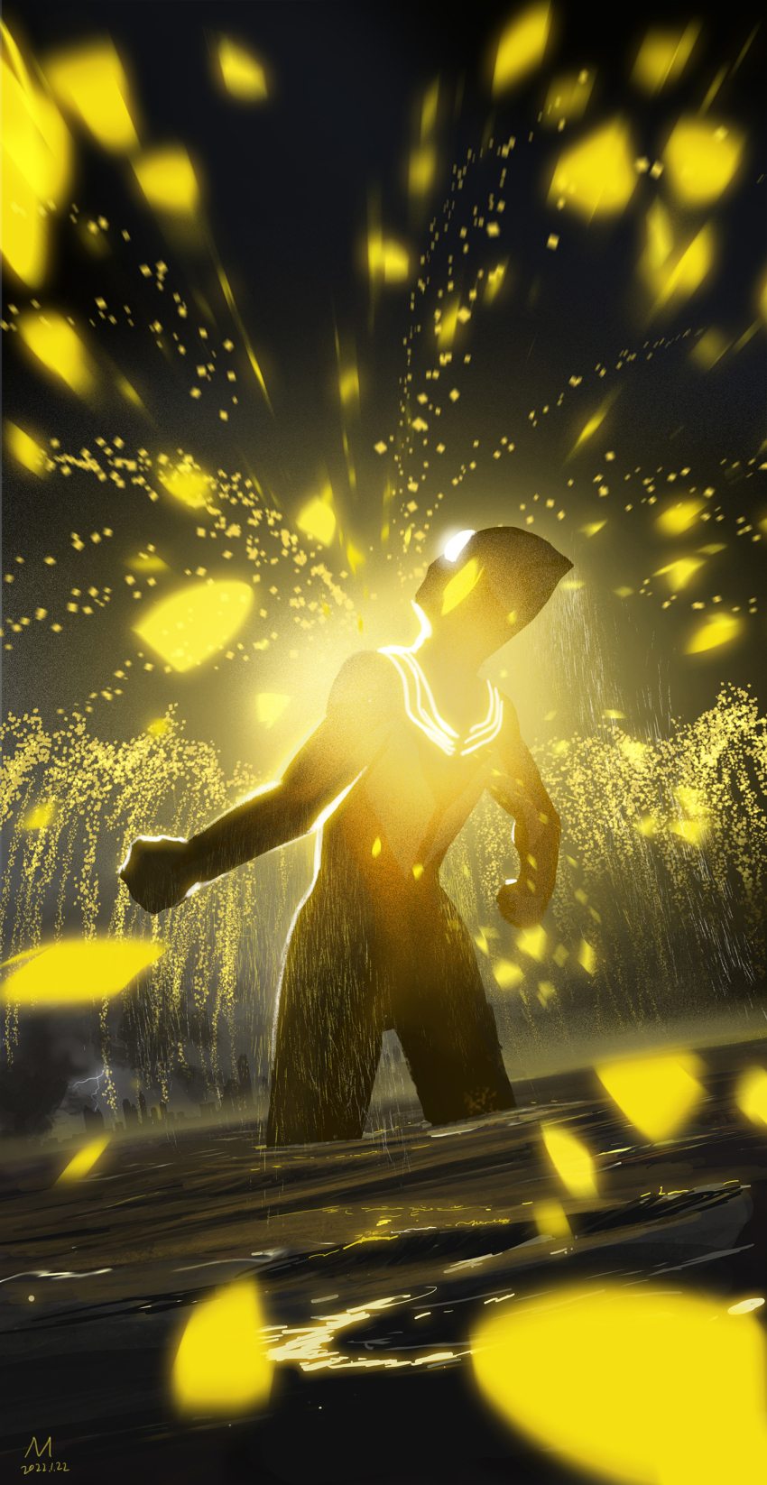 1boy absurdres alien armor black_sky breastplate cityscape clenched_hands commentary compound_eyes dated dorsal_fin facing_up from_behind glowing glowing_armor glowing_eyes highres horizon light_particles lightning male_focus manhuajiazhishen ocean overcast powering_up ripples signature sky solo tokusatsu ultra_series ultraman_tiga ultraman_tiga_(multi_type) ultraman_tiga_(series) wading white_eyes