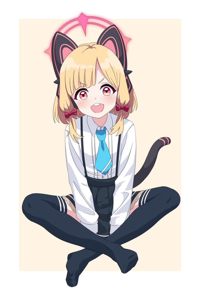 1girl absurdres animal_ear_headphones animal_ears black_skirt black_thighhighs blonde_hair blue_archive blue_necktie border bow cat_ear_headphones cat_tail collared_shirt commentary crossed_ankles fake_animal_ears full_body hair_bow halo headphones highres indian_style long_sleeves looking_at_viewer medium_hair miniskirt momoi_(blue_archive) necktie no_shoes open_mouth pleated_skirt red_bow red_eyes red_halo shirt sitting skirt solo suspender_skirt suspenders tail teeth thighhighs upper_teeth_only welchsbinn white_border white_shirt