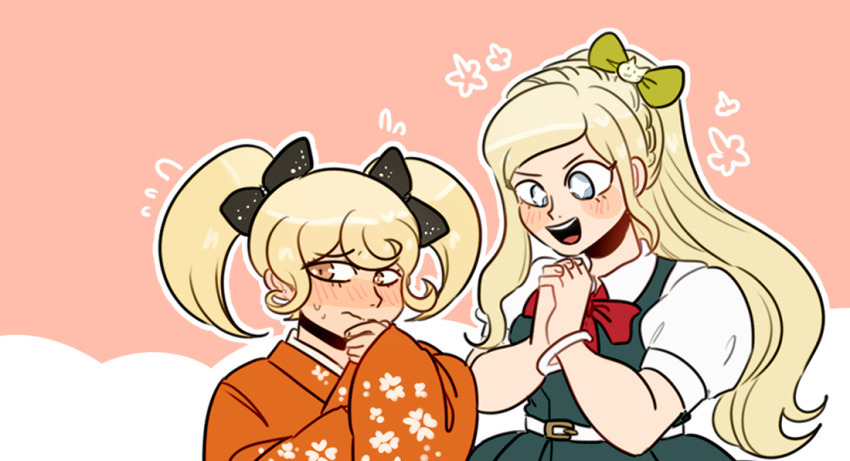 2girls :d accessories_switch belt black_bow blonde_hair blue_eyes blush blush_stickers bow closed_mouth commentary danganronpa_(series) danganronpa_2:_goodbye_despair dress embarrassed english_commentary eyelashes floral_print floral_print_kimono flying_sweatdrops green_bow green_dress hair_bow japanese_clothes kimono long_hair ministarfruit multiple_girls open_mouth orange_eyes orange_kimono print_kimono red_bow saionji_hiyoko shirt simple_background smile sonia_nevermind sweat teeth two-tone_background upper_body upper_teeth_only wavy_mouth white_belt white_shirt yuri