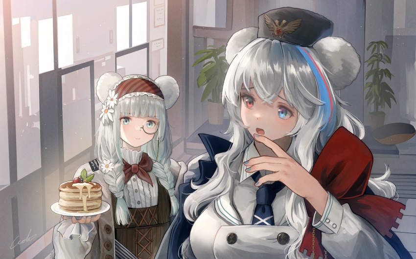 2girls animal_ears arknights bear_ears black_headwear blue_eyes blue_hair blue_nails blue_necktie blunt_bangs brown_dress closed_mouth coat dress food frilled_hairband frills fur_hat grey_coat grey_hair hairband hat heterochromia highres holding holding_plate indoors istina_(arknights) istina_(bibliosmia)_(arknights) long_hair long_sleeves monocle multicolored_hair multiple_girls nail_polish neck_ribbon necktie official_alternate_costume open_clothes open_coat pancake pinafore_dress plant plate potted_plant red_hair red_hairband red_ribbon ribbon rosa_(arknights) shirt signature sleeveless sleeveless_dress smile streaked_hair striped_clothes striped_hairband upper_body ushanka welt_(kinsei_koutenkyoku) white_shirt