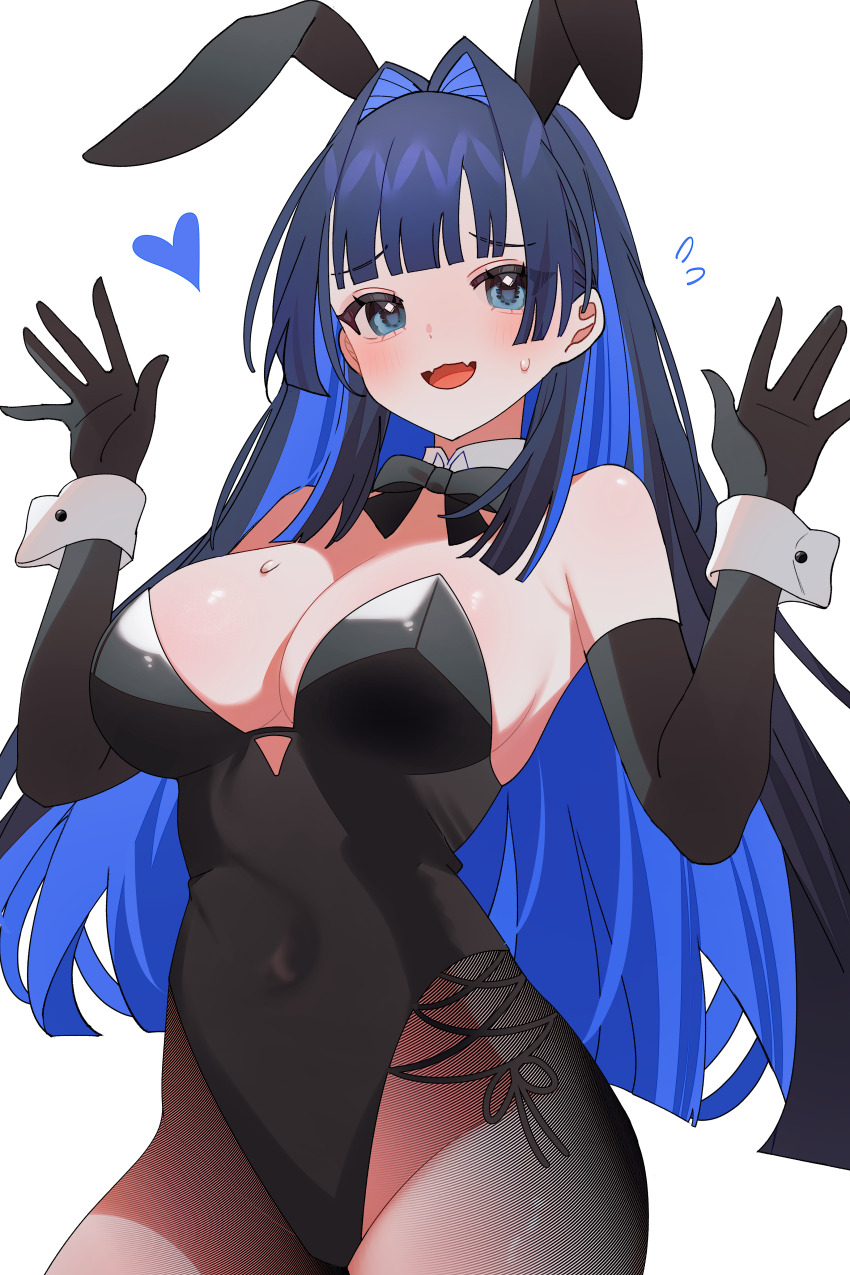 1girl :d absurdres alternate_costume animal_ears bare_shoulders black_bow black_bowtie black_gloves black_leotard blue_eyes blue_hair blunt_bangs blunt_ends bow bowtie breasts center-flap_bangs cleavage colored_inner_hair commentary detached_collar elbow_gloves fake_animal_ears fangs fishnet_pantyhose fishnets gloves hair_intakes hana20000920 hands_up highleg highleg_leotard highres hime_cut hololive hololive_english large_breasts leotard long_hair looking_at_viewer multicolored_hair official_alternate_hairstyle open_mouth ouro_kronii pantyhose playboy_bunny rabbit_ears side-tie_leotard sidelocks simple_background skin_fangs smile solo strapless strapless_leotard symbol-only_commentary very_long_hair virtual_youtuber white_background wrist_cuffs