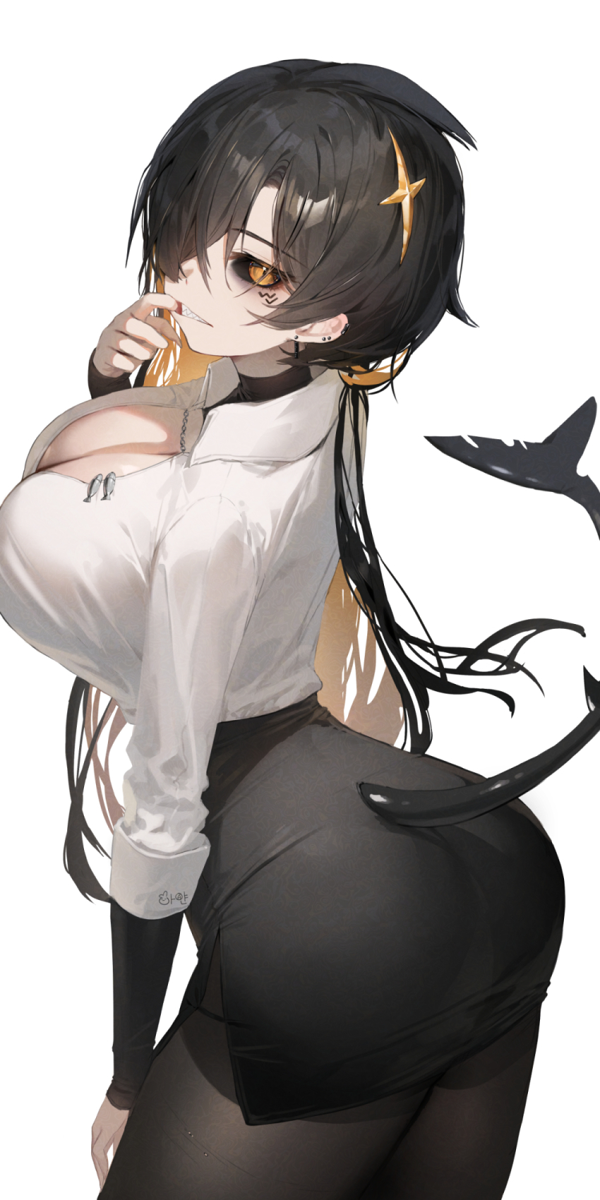 1girl ass black_eyeshadow black_hair black_pantyhose black_skirt breasts character_request cleavage colored_sclera ear_piercing eyeshadow facial_mark finger_in_own_mouth fins fish_tail hair_ornament hair_over_one_eye hayan highres huge_breasts leaning_forward long_hair looking_at_viewer makeup mouth_pull pantyhose piercing shark_girl shark_tail sharp_teeth shirt simple_background skirt solo tail teeth three-quarter_sleeves white_background white_shirt yellow_sclera