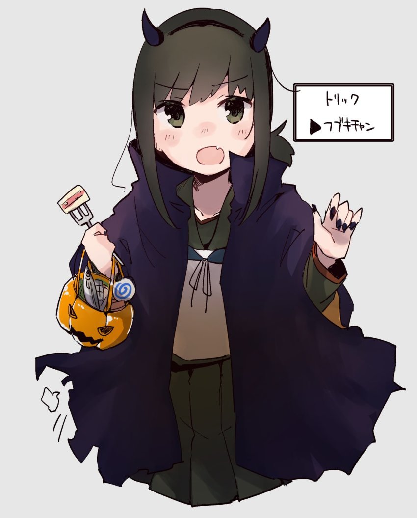 1girl basket black_cape black_nails black_sailor_collar black_skirt blush brown_eyes brown_hair candy cape fang fingernails fish food fork fubuki_(kancolle) grey_background halloween halloween_costume highres holding holding_fork horns kantai_collection lollipop looking_at_viewer ma_rukan nail_polish open_mouth pleated_skirt ponytail sailor_collar saury school_uniform serafuku short_hair short_ponytail signature simple_background skin_fang skirt solo