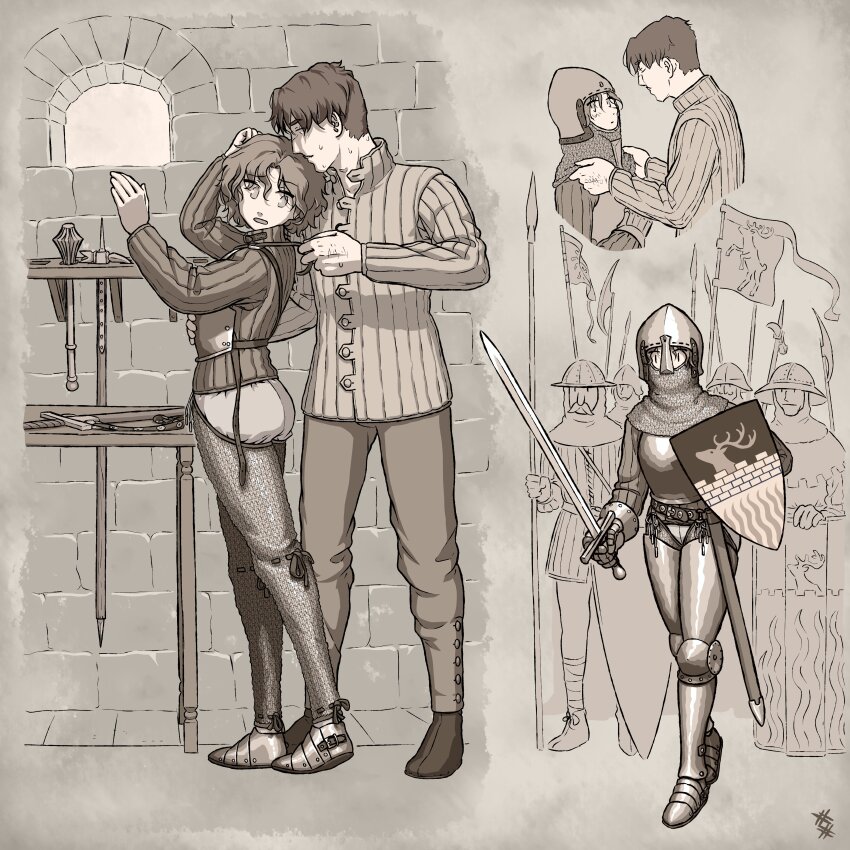 1girl 5boys absurdres armor bardiche_(weapon) battle_standard breastplate chainmail facial_hair flag gauntlets glaive_(polearm) helmet highres holding holding_polearm holding_shield holding_sword holding_weapon knight lucerne_hammer mace medieval monochrome multiple_boys mustache original ostwindprojekt polearm polehammer scabbard sheath shield spear sword war_flag war_hammer weapon weapon_rack |_|