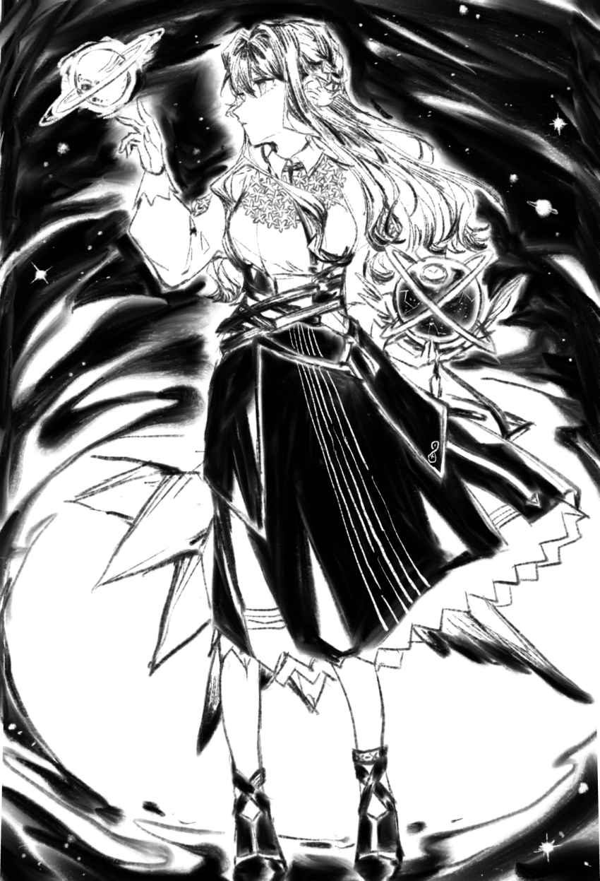 1girl arknights astesia_(arknights) bird_girl black_background black_shoes black_skirt chinese_commentary closed_mouth dress frilled_skirt frills full_body highres holding_planet long_hair long_sleeves looking_to_the_side neck_ribbon planet puffy_long_sleeves puffy_sleeves ribbon schwarzcrz shoes skirt solo solo_focus sparkle translation_request wavy_hair white_background white_dress wrist_cuffs