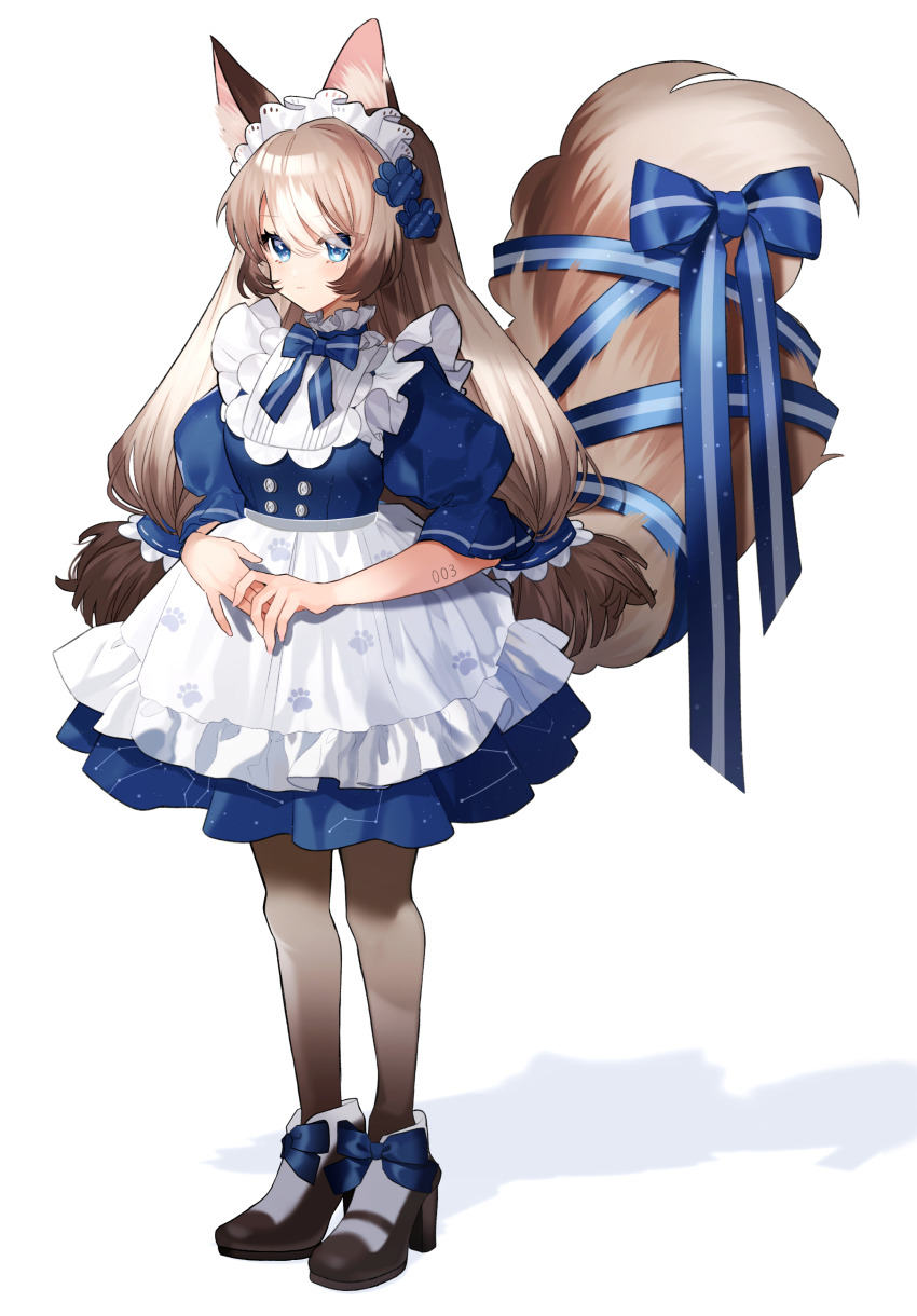 1girl absurdres animal_ears apron big_hair black_pantyhose black_shoes blue_bow blue_dress blue_eyes blue_ribbon bow bowtie brown_hair buttons cat_ears cat_girl cat_tail collar constellation_print double-breasted dress footwear_bow frilled_apron frilled_collar frills full_body hair_ornament high_heels highres large_tail long_hair looking_at_viewer low-tied_long_hair maid maid_apron maid_headdress mary_janes multicolored_hair original own_hands_together pantyhose paw_print pomu_(pomu_me) puffy_short_sleeves puffy_sleeves ribbon shoes short_sleeves simple_background solo standing tail tail_bow tail_ornament tail_ribbon very_long_hair waist_apron white_apron white_background white_hair