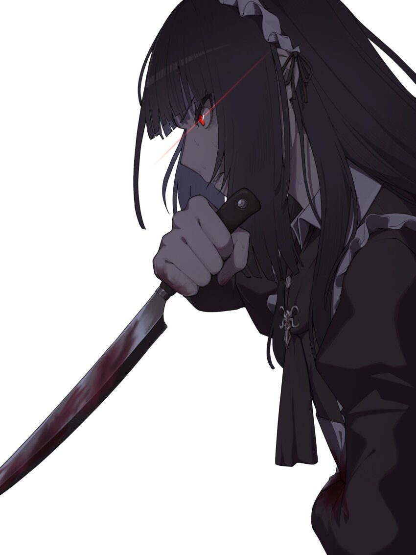 1girl ascot black_hair blood blood_on_clothes bloody_weapon bob_cut collared_dress dress from_side heiya_desu highres holding holding_knife injury juliet_sleeves knife limbus_company long_hair long_sleeves maid maid_headdress parted_lips project_moon puffy_sleeves red_eyes reverse_grip ryoshu_(project_moon) simple_background solo sweat very_sweaty weapon white_background wuthering_heights_(identity)_(project_moon)