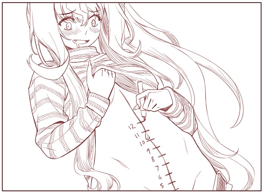 1girl agemmata blush body_writing clothes_lift clothes_pull commentary dick-o-meter drooling dutch_angle english_commentary groin hair_between_eyes hand_up high_side_ponytail highres holding holding_marker horizontal-striped_clothes kaminari_clara length_markings long_bangs long_hair long_sleeves looking_down marker measuring monochrome mouth_drool open_mouth pants pants_pull penis_measuring phase_connect shirt shirt_lift side_ponytail sidelocks simple_background solo stomach turtleneck turtleneck_shirt very_long_hair virtual_youtuber white_background