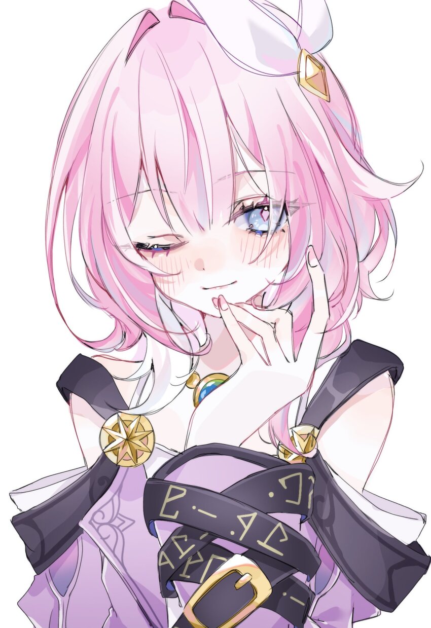 1girl ;) blue_eyes coat cyrene_(honkai:_star_rail) hair_ornament hashtag-only_commentary highres honkai:_star_rail honkai_(series) jewelry mtrk_09 multicolored_hair necklace one_eye_closed pink_hair pink_nails purple_coat short_hair simple_background smile solo two-tone_hair upper_body white_background white_hair