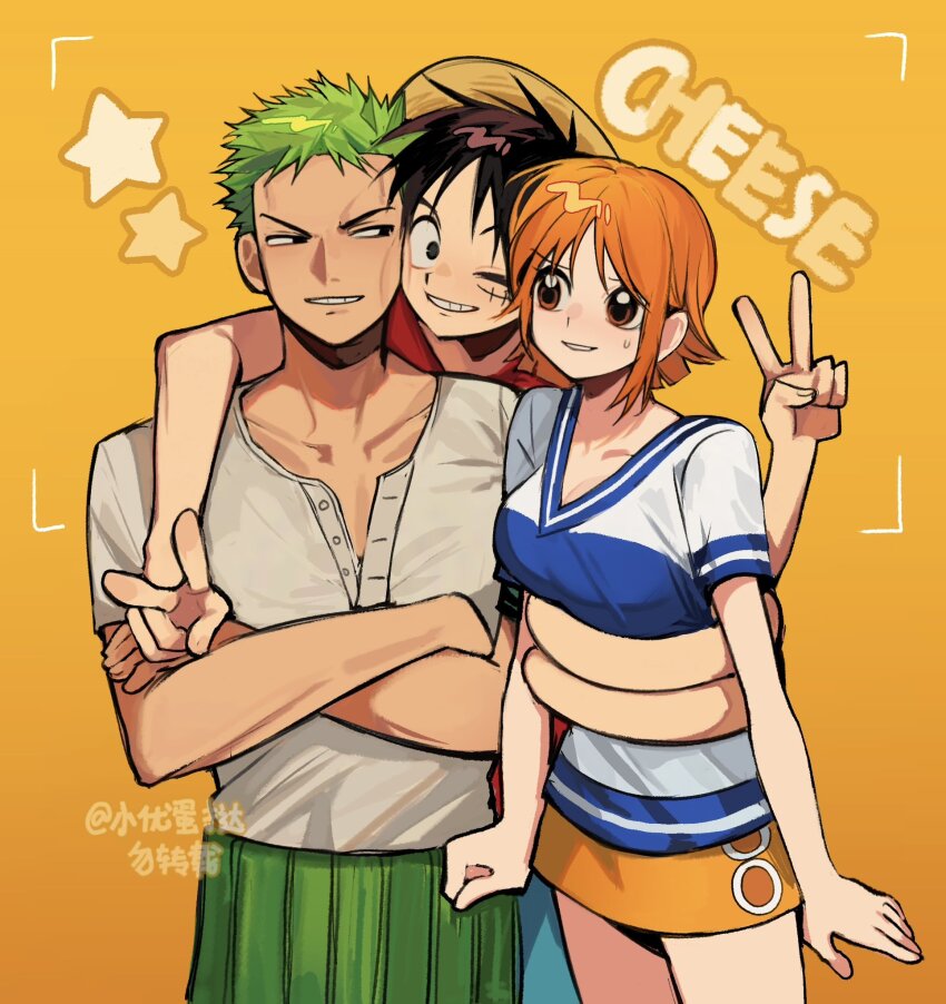 1girl 2boys arm_around_shoulder arms_around_waist black_hair breasts brown_eyes cheek-to-cheek collarbone cowboy_shot crossed_arms devil_fruit_power double_v elasticity facial_scar gradient_background green_hair hashtag-only_commentary hat heads_together highres ki2ri5 looking_at_another looking_at_viewer medium_breasts miniskirt monkey_d._luffy multiple_boys nami_(one_piece) nami_(one_piece)_(east_blue) one_eye_closed one_piece orange_hair parted_lips red_shirt roronoa_zoro scar scar_on_cheek scar_on_face shirt short_hair short_sleeves skirt smile star_(symbol) straw_hat straw_hat_pirates stretched_limb sweatdrop taking_picture v v-neck white_shirt yellow_background yellow_skirt