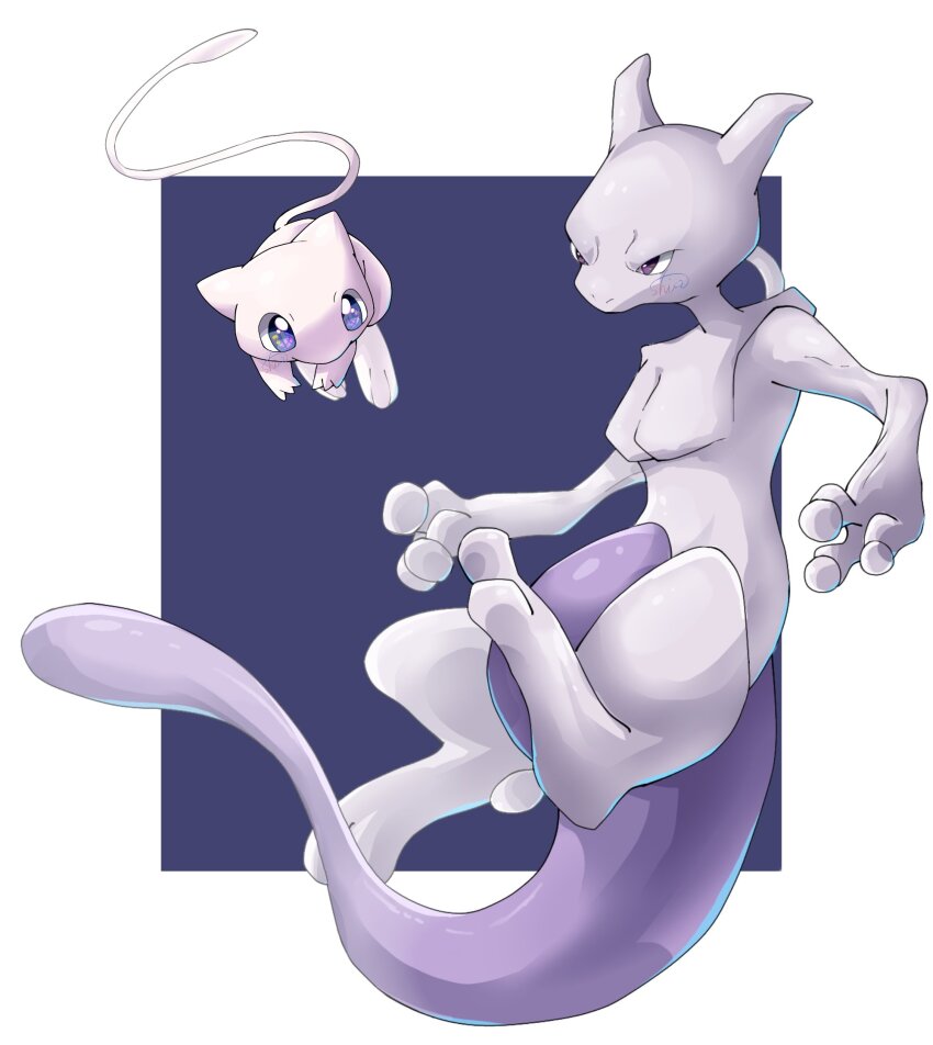 1boy animal_ears animal_feet animal_hands artist_name blue_eyes border colored_skin floating full_body furry furry_male gen_1_pokemon highres legendary_pokemon male_focus mew_(pokemon) mewtwo multicolored_skin mythical_pokemon nintendo outside_border pokemon pokemon_(creature) purple_background purple_eyes purple_skin shia_(shi12_poke) signature simple_background tail two-tone_skin white_border