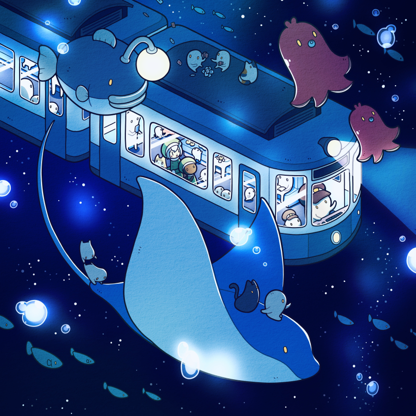 1girl absurdres anglerfish black_cat blush book bubble calico_(pattern) calico_cat card cat cellphone fish food food_art grey_hair hat highres holding holding_book holding_phone manta_ray ocean open_mouth original phone playing_card sitting space tako-san_wiener train train_conductor tti_design yellow_eyes
