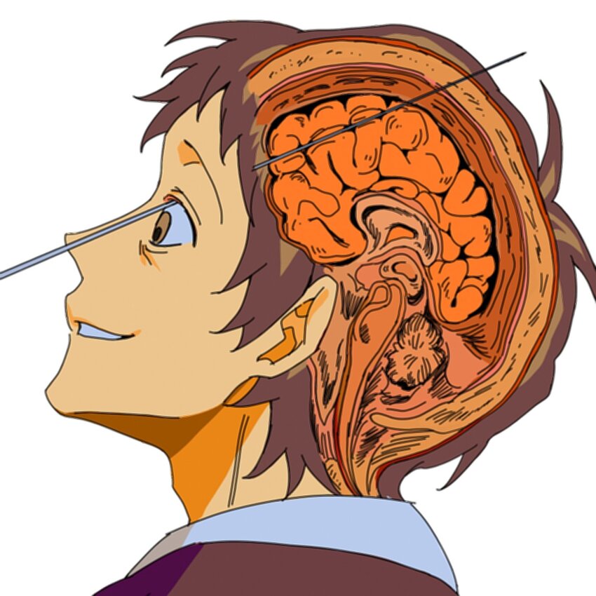 1boy adachi_tooru adam&#039;s_apple bags_under_eyes black_shirt brain brown_eyes brown_hair chengmingraven chinese_commentary commentary_request exposed_brain eye_injury grin guro highres injury layered_clothes male_focus needle persona persona_4 profile shirt short_hair simple_background smile solo teeth white_background white_shirt x-ray