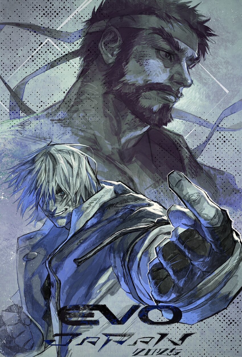 2boys beard blonde_hair blue_eyes clenched_hand closed_mouth coat commentary cropped_shoulders evolution_championship_series facial_hair fingerless_gloves gloves grin headband highres index_finger_raised ken_masters looking_ahead male_focus marumaru1902 multiple_boys open_clothes open_coat outstretched_arm ryu_(street_fighter) smile street_fighter street_fighter_6 teeth thick_eyebrows