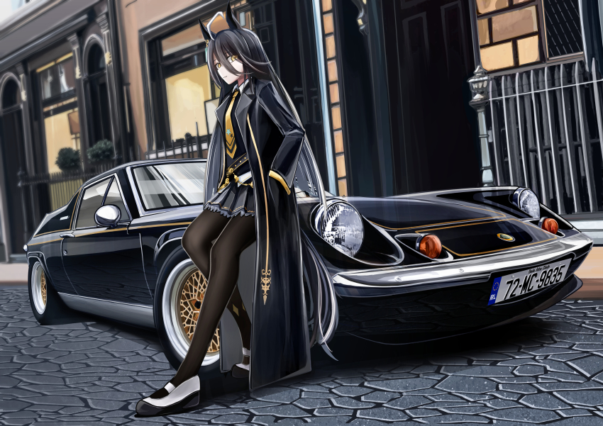1girl 3books absurdres animal_ears black_car black_hair black_jacket black_pantyhose black_skirt black_sweater car collared_shirt hands_in_pockets highres horse_ears horse_girl horse_tail jacket license_plate long_hair looking_at_viewer lotus_(brand) manhattan_cafe_(umamusume) motor_vehicle necktie pantyhose shirt skirt solo standing sweater tail umamusume vehicle_focus white_shirt yellow_necktie